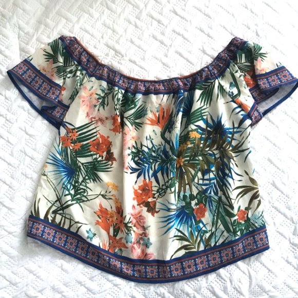 (3/$20) Off-the-Shoulder Tropical Print Top - Picture 1 of 3